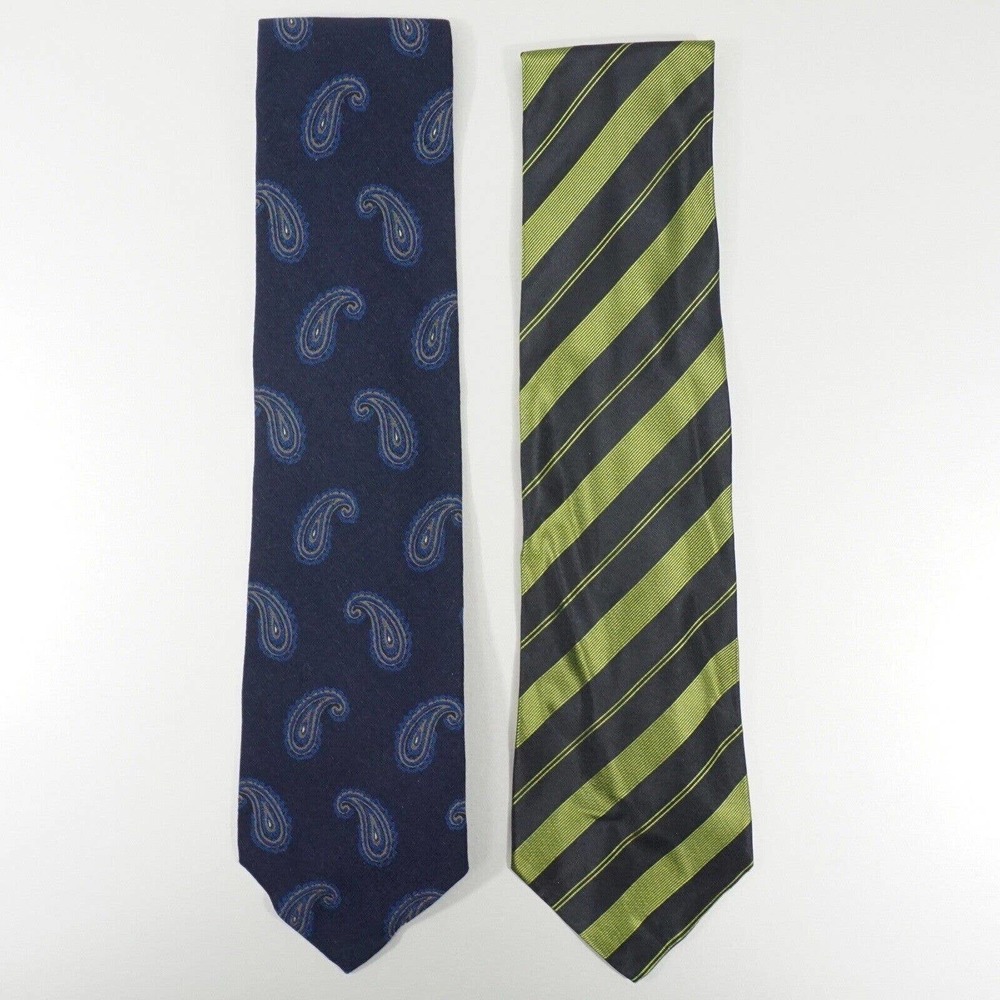 Hugo Boss Black Mens Silk Neck Tie Lot of Two Made In Italy Green Stripe Paisley